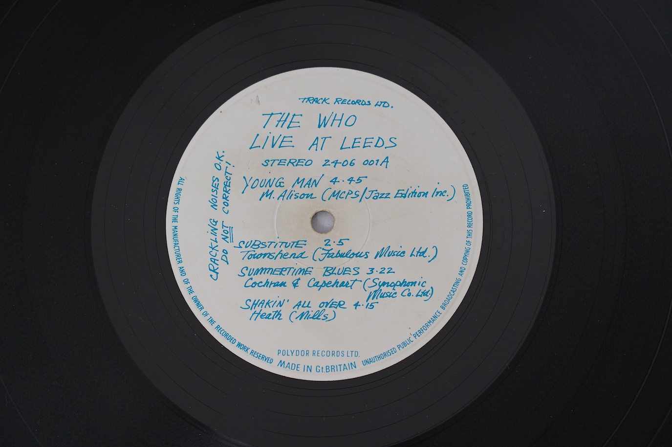 The Who; Live at Leeds, LP record album, Track 2406 001, with 11 inserts including the booklet of photos, believed to have been signed in ballpoint pen by Pete Townshend and Roger Daltrey. Condition - fair, some scratche